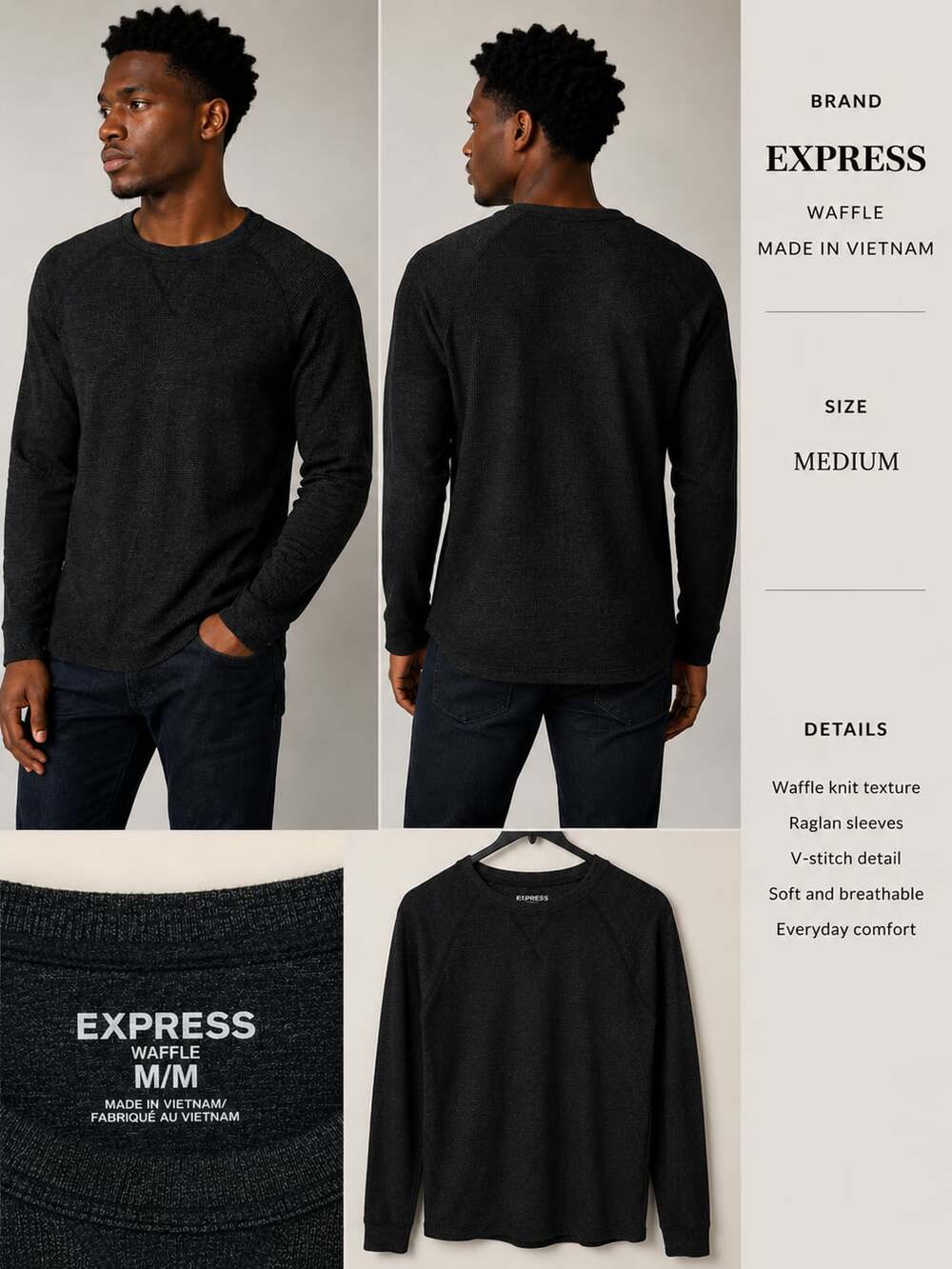 Express Men’s Waffle Knit Thermal Long Sleeve Shirt Black Medium